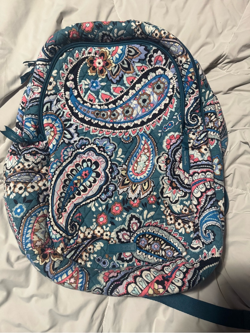 Vera Bradley Teal Paisley Quilted Backpack with Multicolor Accents